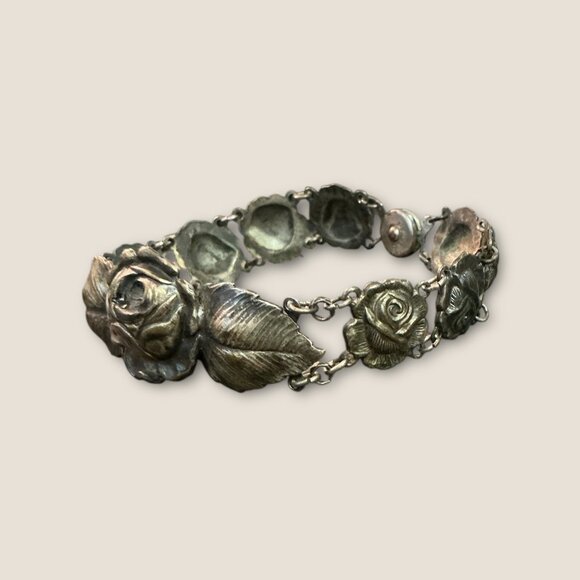 Antique Vintage Rose Relief Bracelet Silver Tone 8" Closure Elegant Floral Desig - Picture 5 of 11